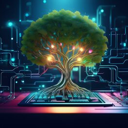 Tree with green leaves and lights on its branches growing out of a computer hard drive.